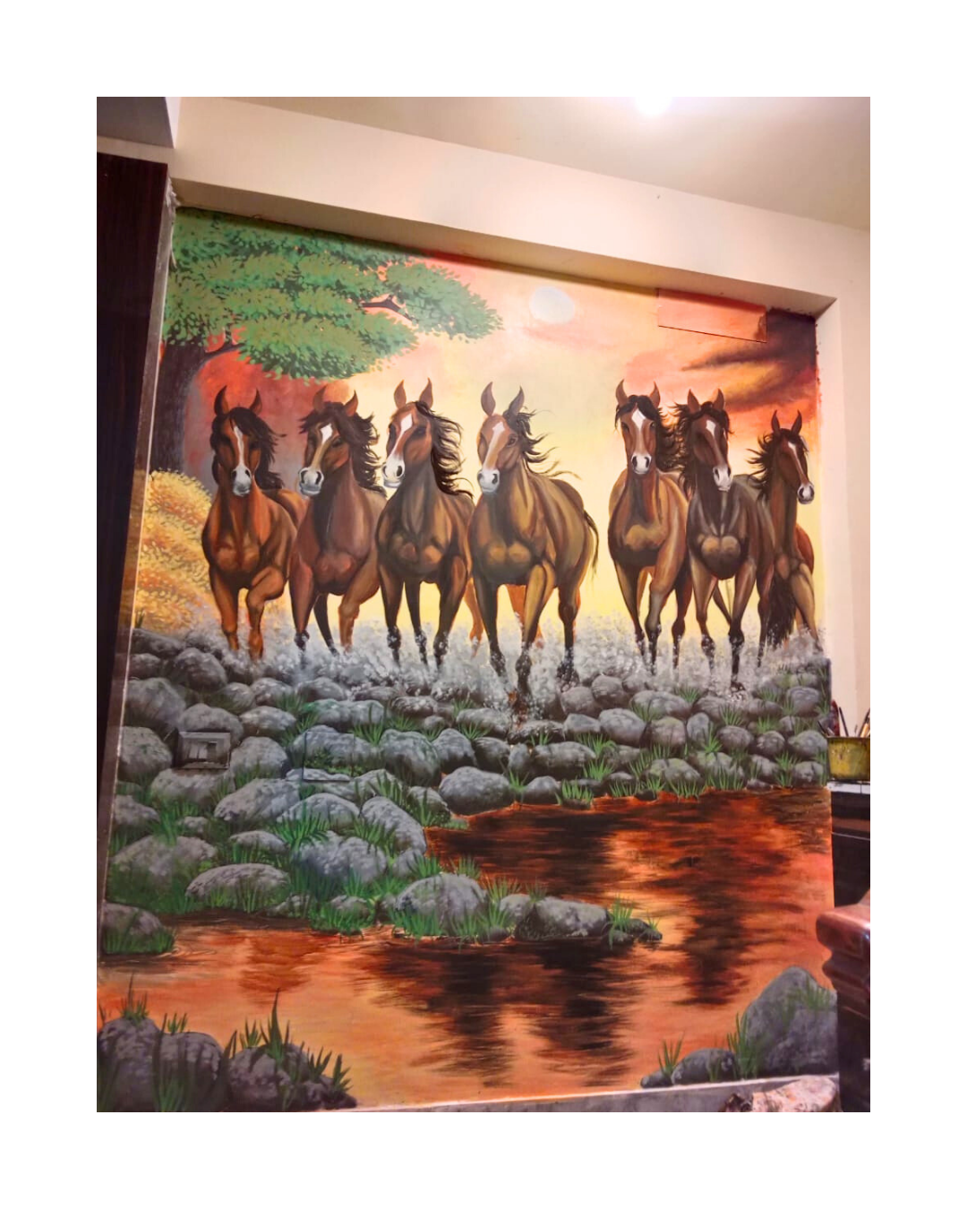 7 horse runnning , sunset design for wall design, wall mural painting ,art done by oikar studio at rashbehari , kalighat , kolkata