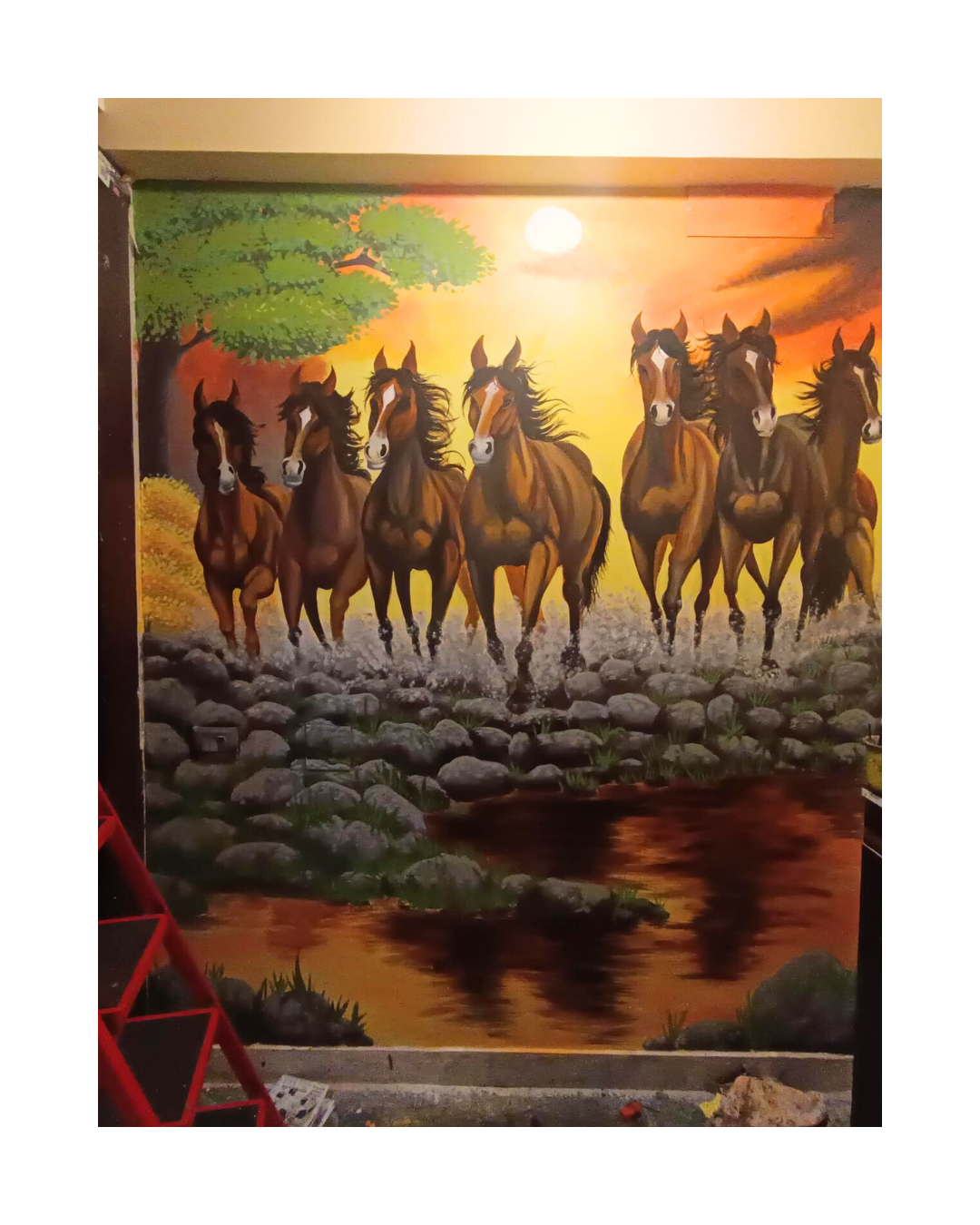 7 horse runnning , sunset design for wall design, wall mural painting ,art done by oikar studio at rashbehari , kalighat , kolkata