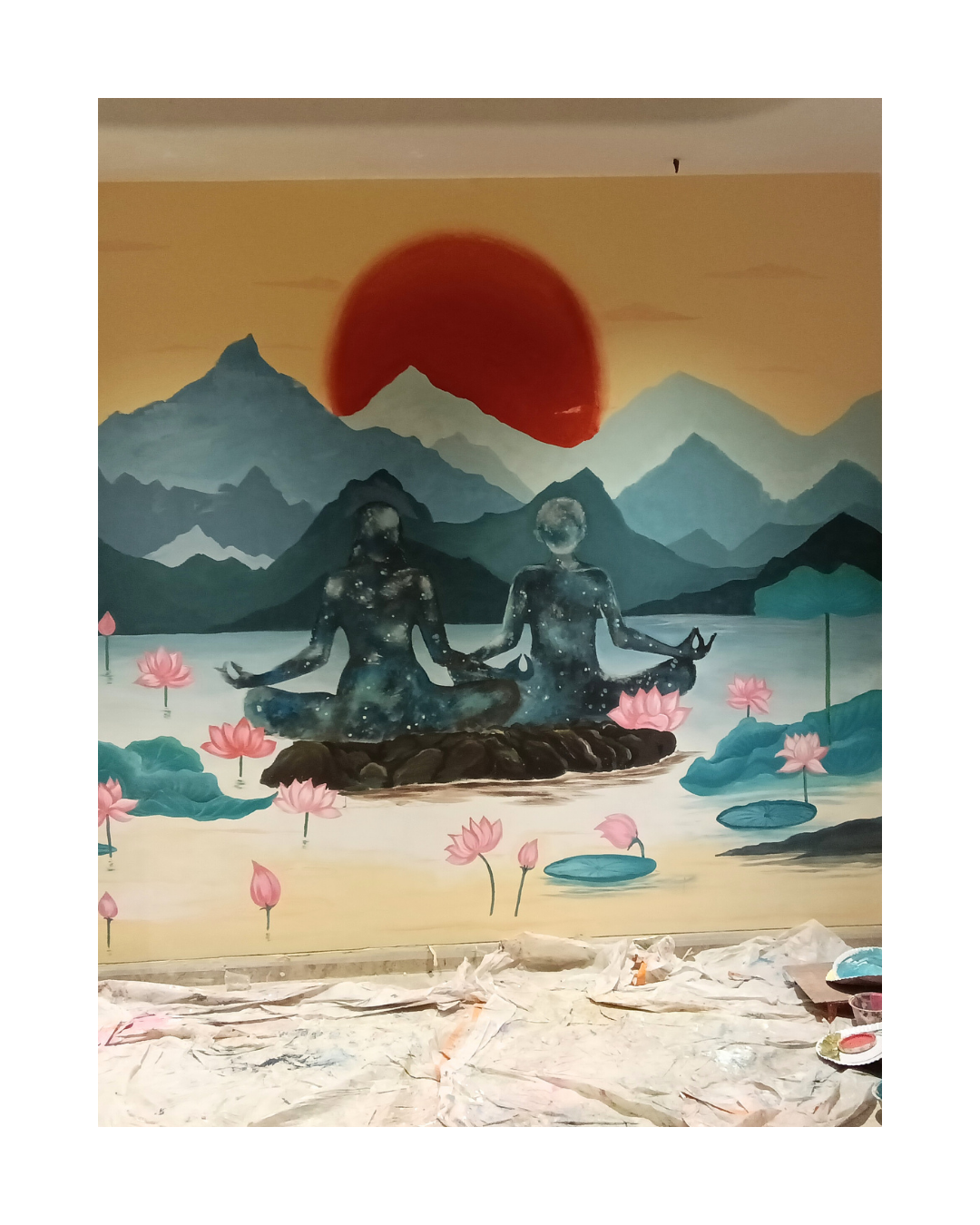 spiritial wall mural, wall mural painting art deign for home, yoga studio done by oikar studio