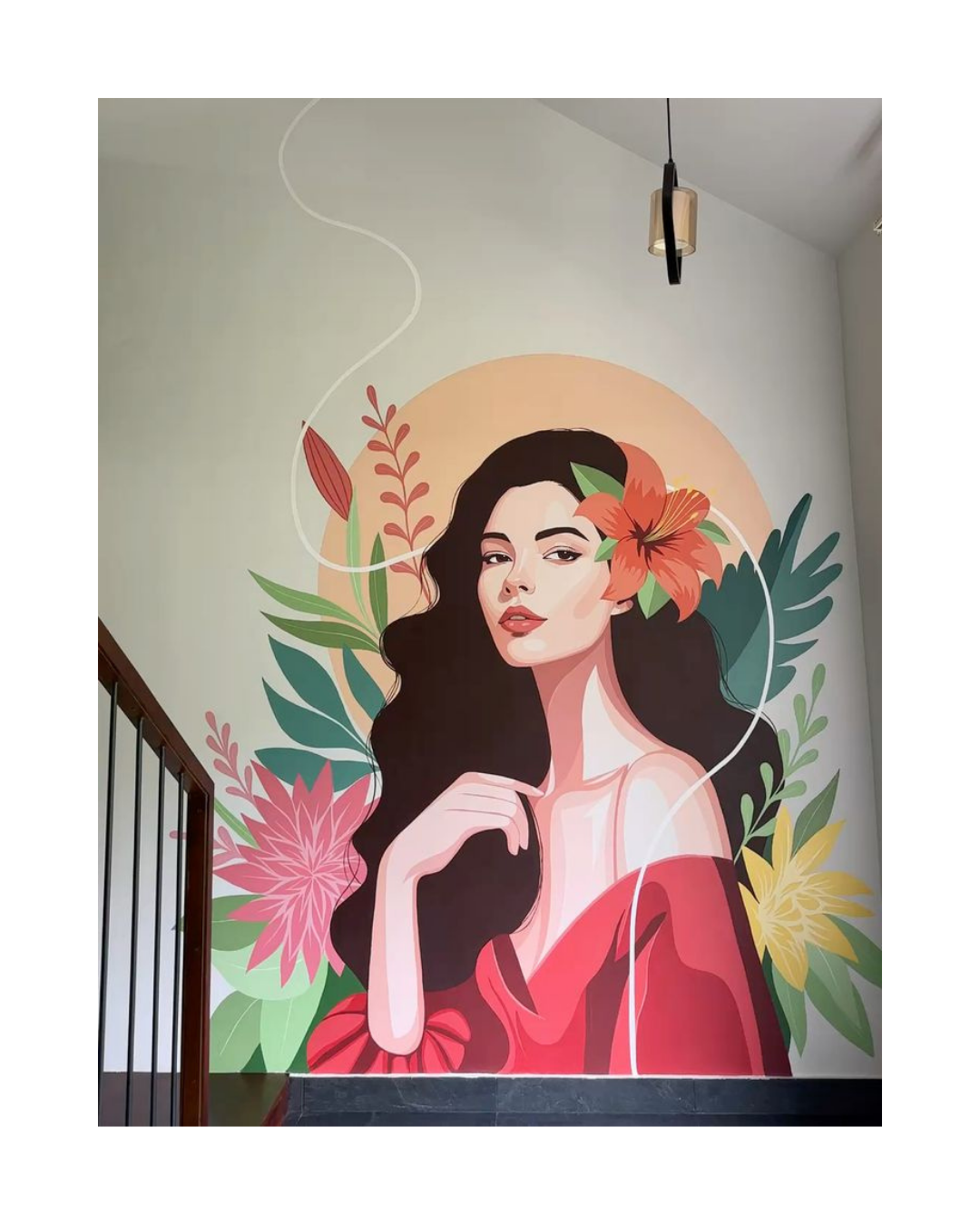 bold lady wall design , wall mural design for staircase, bedroom, kids room, girls room idea by oikar studio