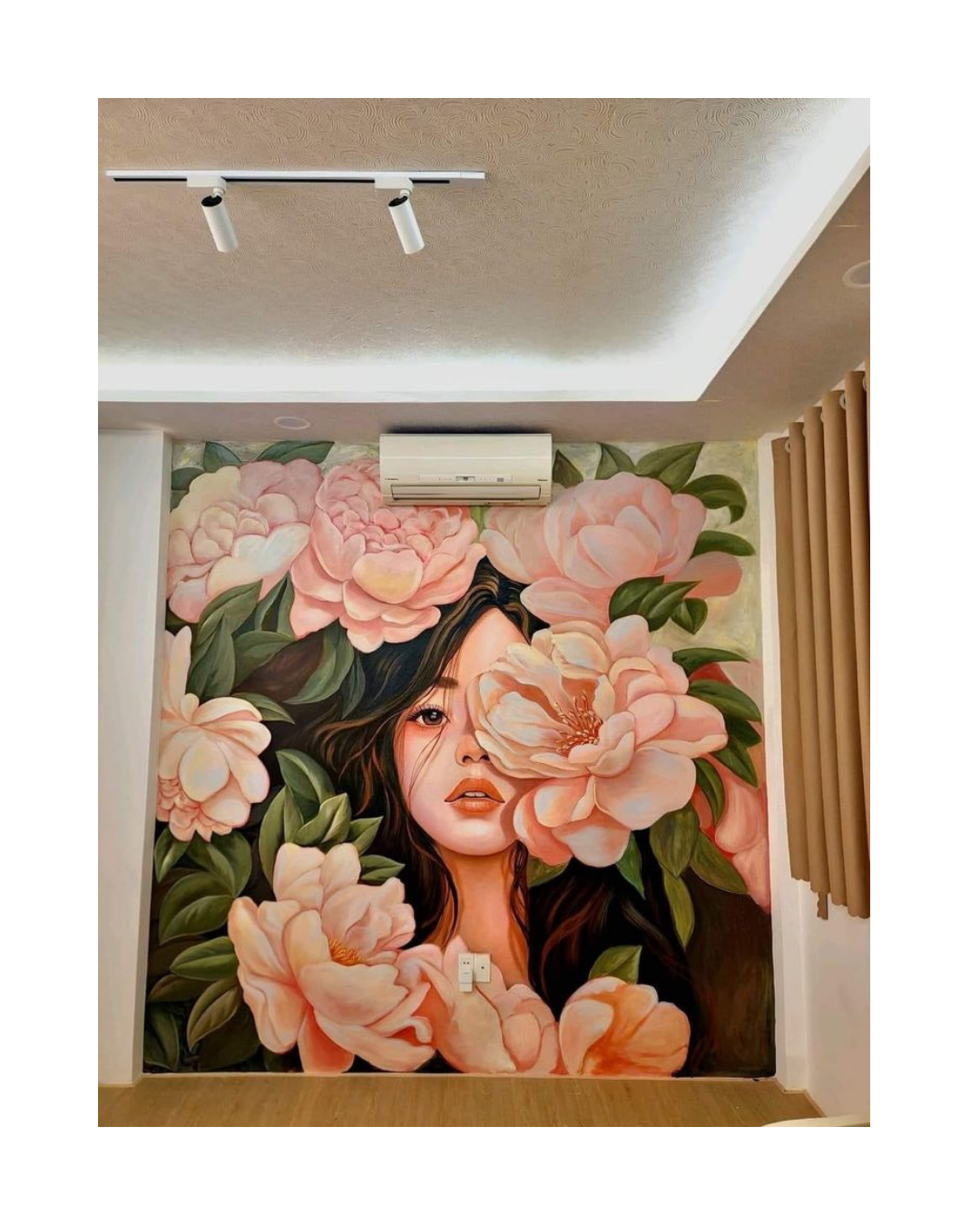 another female face wall design with red, baby pink light colour rose , for accent wall by oikar studio