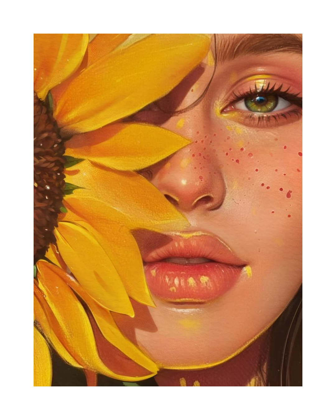 SunFlower female face wall design, wall mural painting , wall art design idea by oikar studio