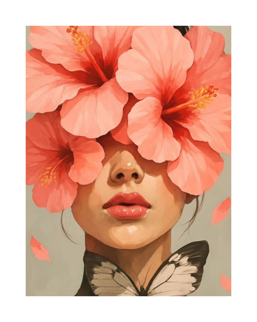 new simple elegant wall design by oikar studio, butterfly on female face ith red hibiscus flower