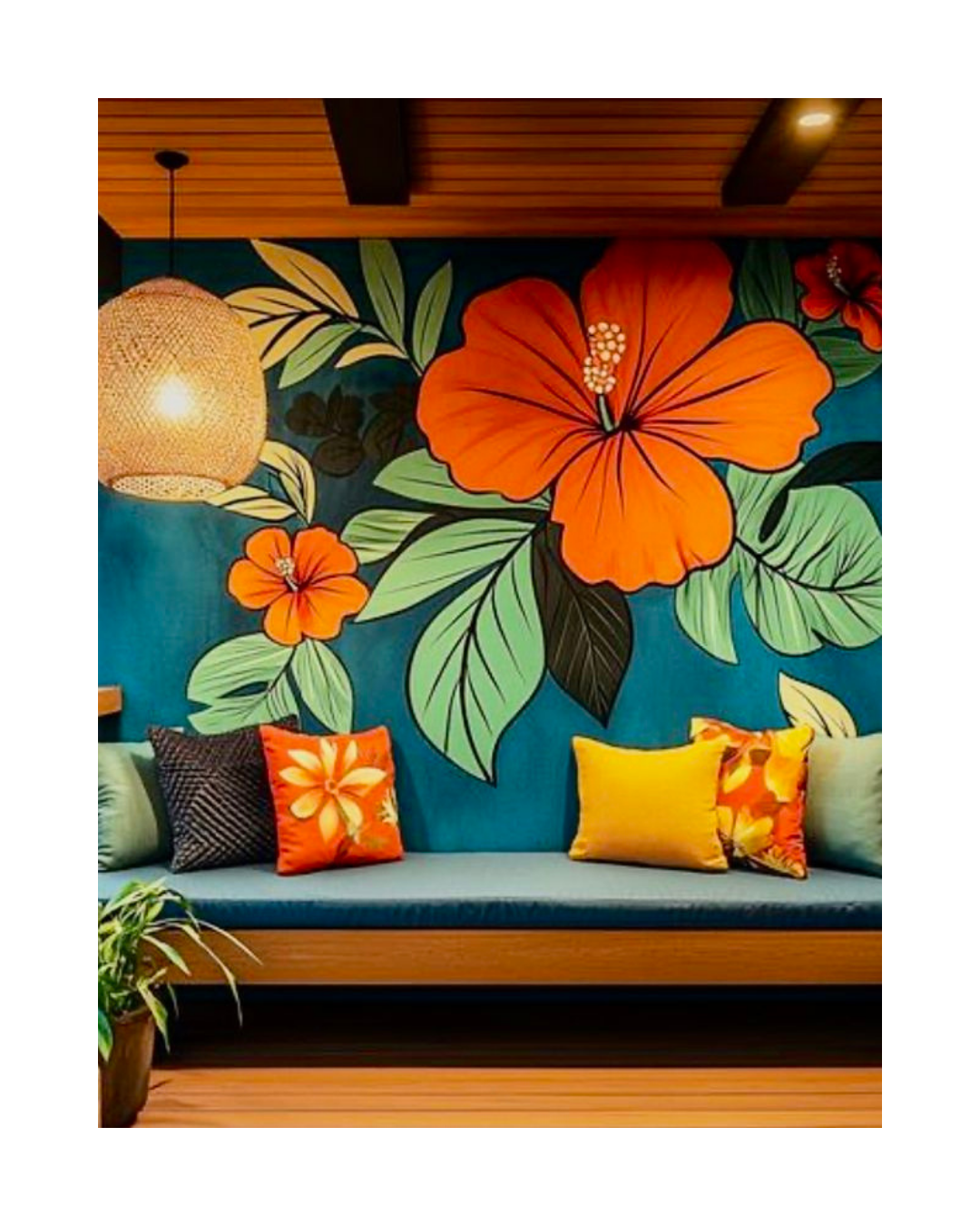 beautiful wall design idea ideal for balcony , red flower design with small demand set idea by oikar studio