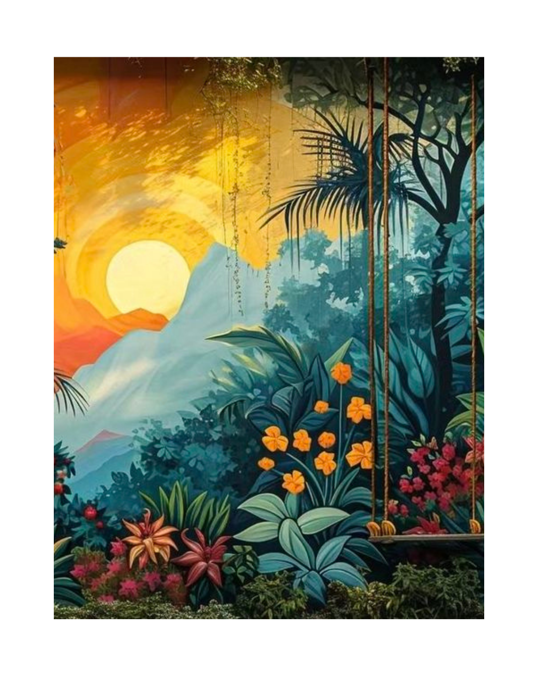 sunset wall painting , wall mural, wall art design on the sout direction according to vastu, idea by oikar studio