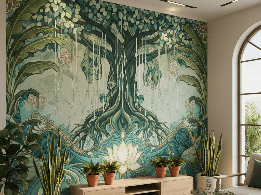 Forest inspired biophilic mural design for calm modern interiors