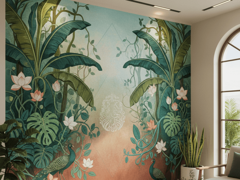 Forest inspired biophilic mural design for calm modern interiors