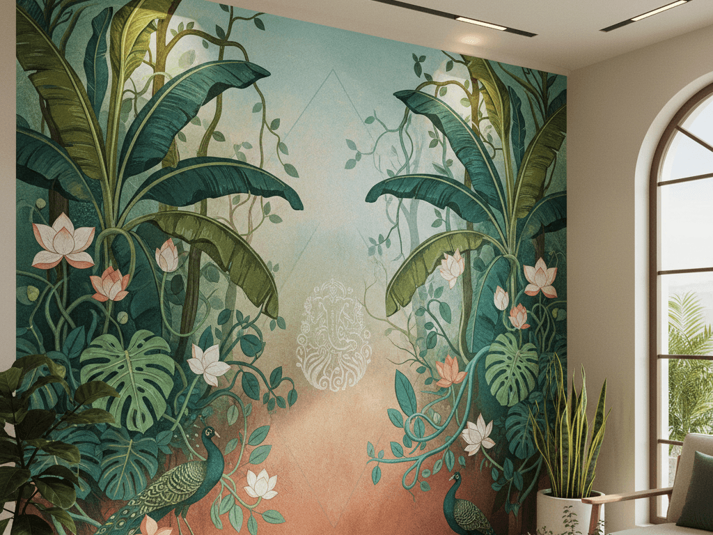 Bedroom biophilic mural design with soft greenery by Oikar Studio