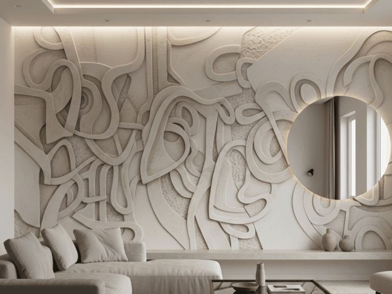 Curved luxury living room wall design with sculpted lighting effect