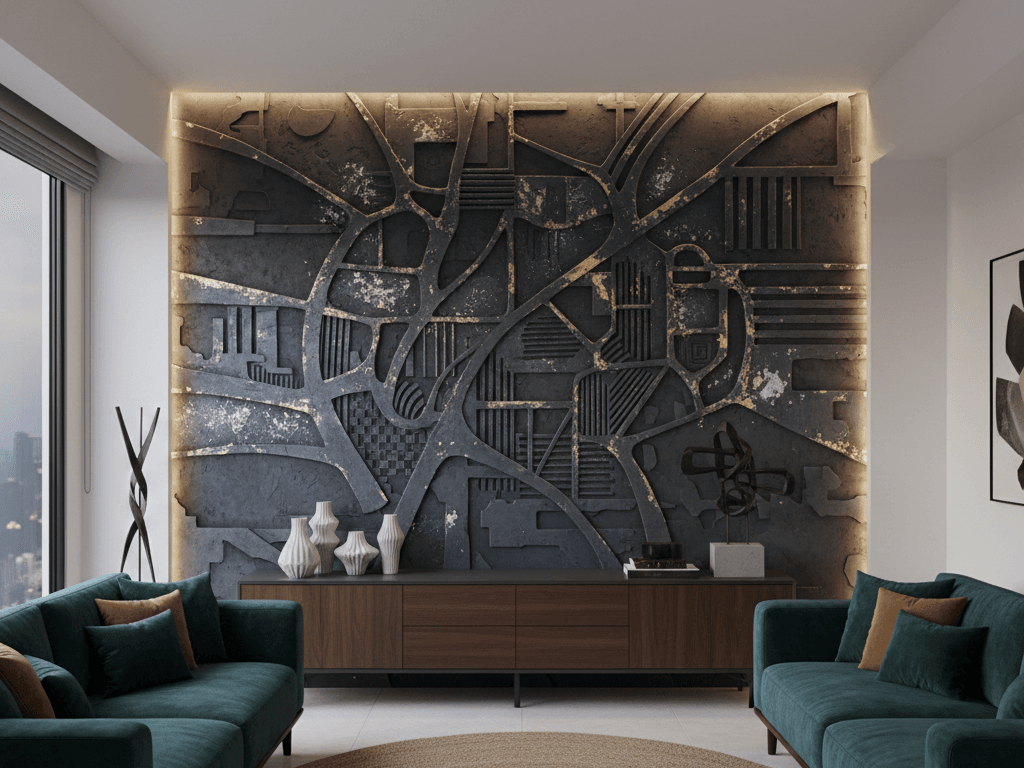Dark accent living room wall design with premium panel texture