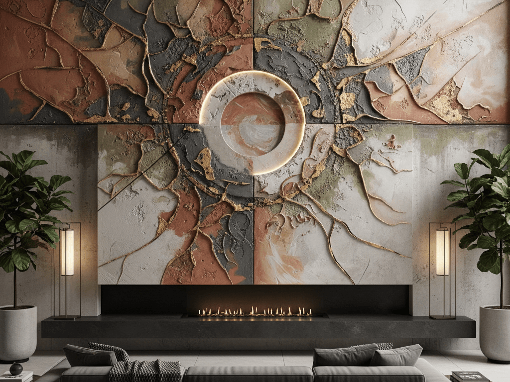 Relief mural painting in Kolkata style living room wall design