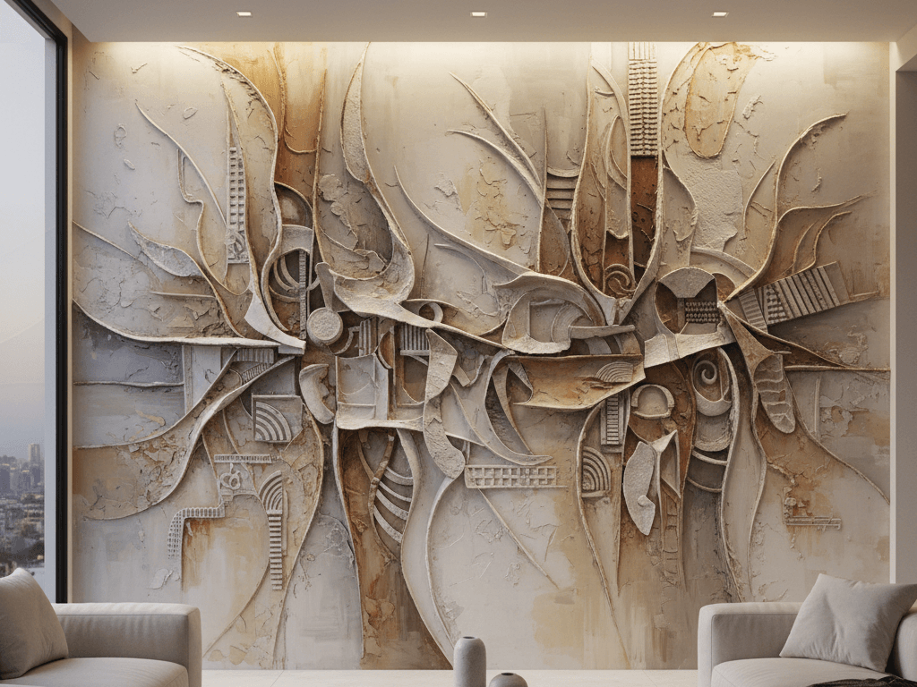 Warm neutral living room wall design with artistic interior styling