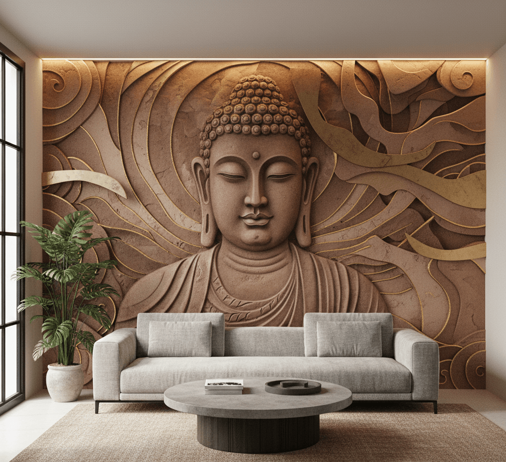 buddha relief mural for living room by oikar studio