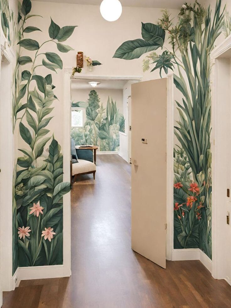 Eco friendly wall art featuring hand painted tropical botanical mural in hallway interior