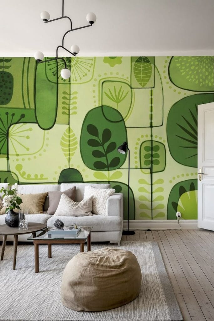 Eco friendly wall art featuring abstract green botanical mural in modern living room interior