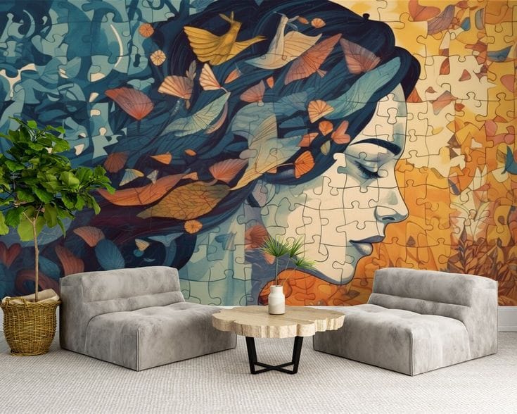 A large wall mural of a woman’s profile in a jigsaw puzzle style, featuring flowing dark hair filled with autumn leaves and birds, set against a backdrop of blue and orange tones in a modern living room.