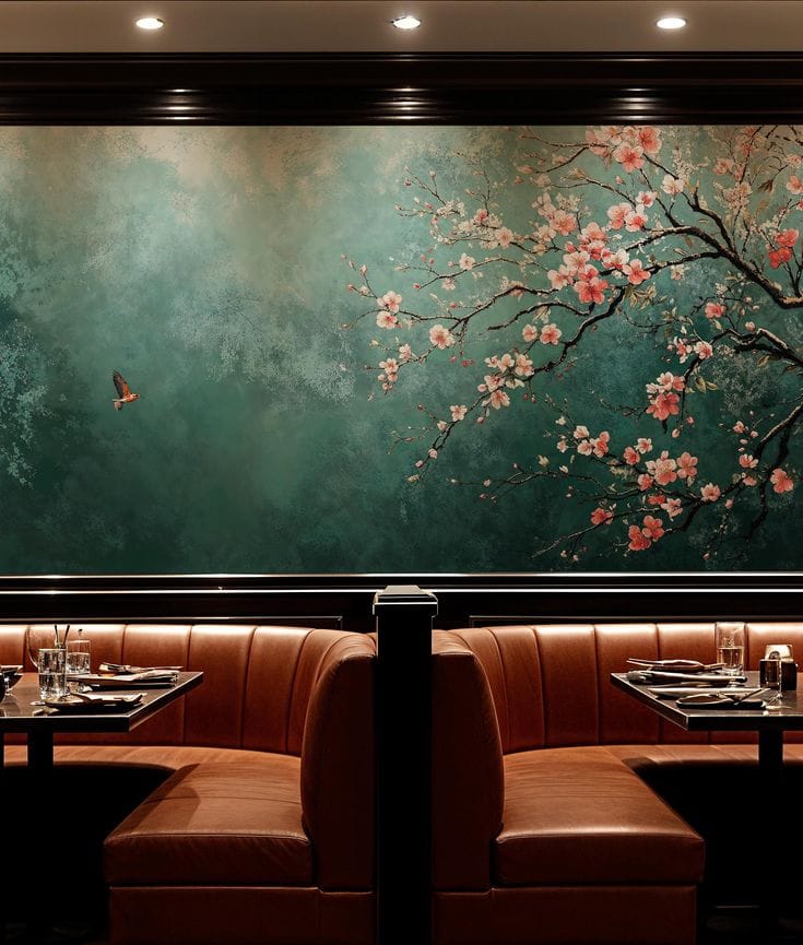A dimly lit, upscale restaurant booth featuring a dark teal wall mural of a blooming cherry blossom tree with pink and white flowers. A small bird is depicted flying in the misty teal space to the left of the branches. The foreground shows curved, tufted brown leather seating and set dining tables.