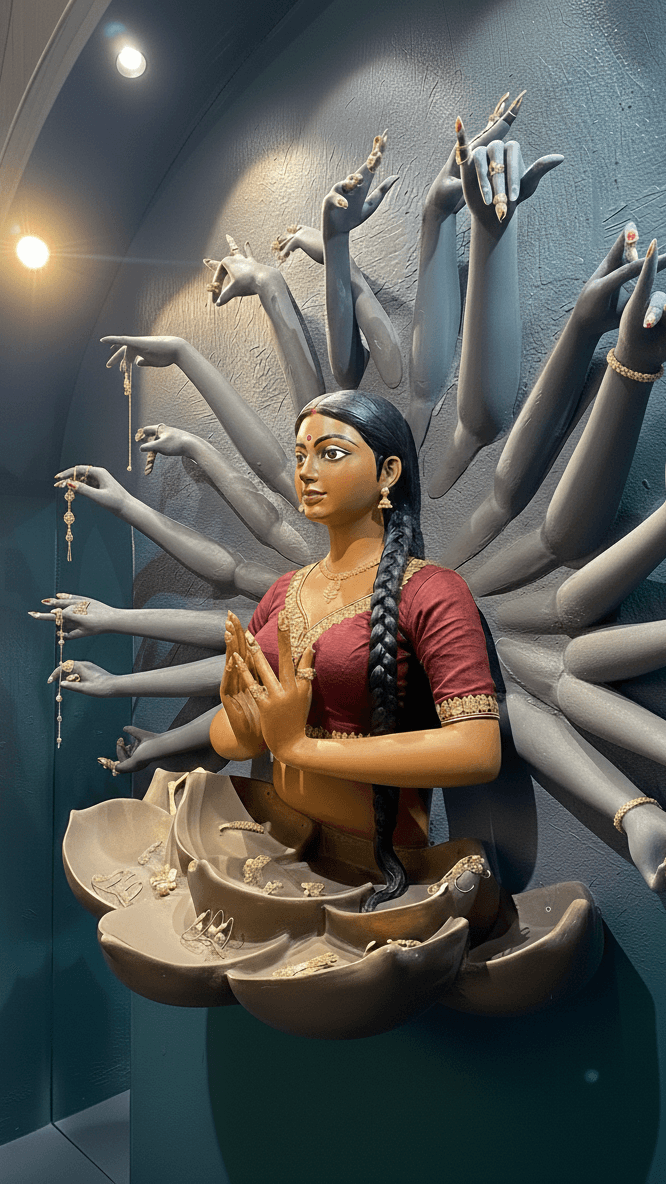 A 3D relief of a woman with a traditional braid and bindi, featuring multiple arms displaying gold jewelry.
