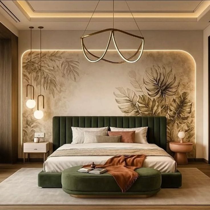 An elegant bedroom featuring a gold-toned arched mural of birds and waves, flanked by fluted wall panels and globe lights.