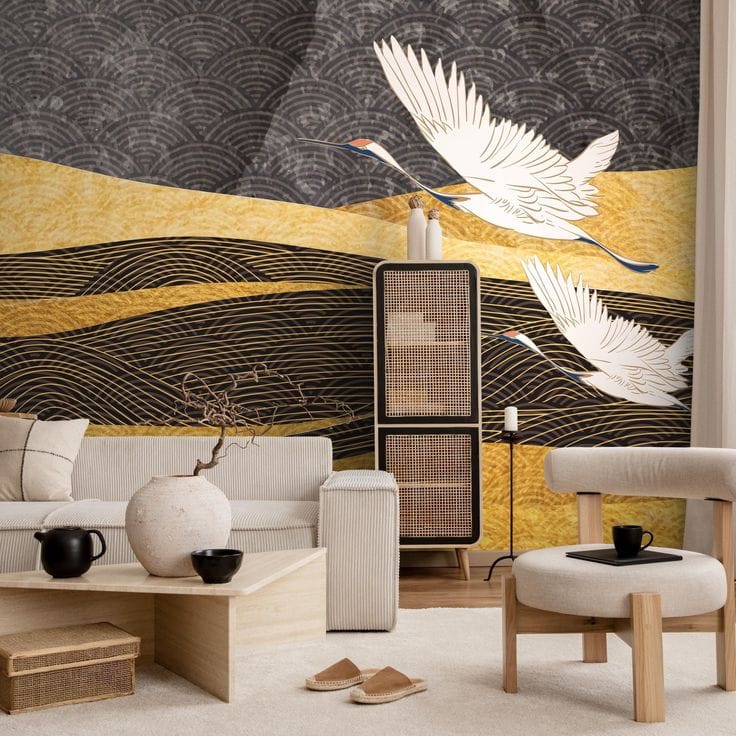 A modern living room featuring a large wall mural of white Japanese cranes flying over gold and black stylized waves. The room is furnished with a light beige sofa, a low wooden coffee table with a tea set, and a minimalist chair.