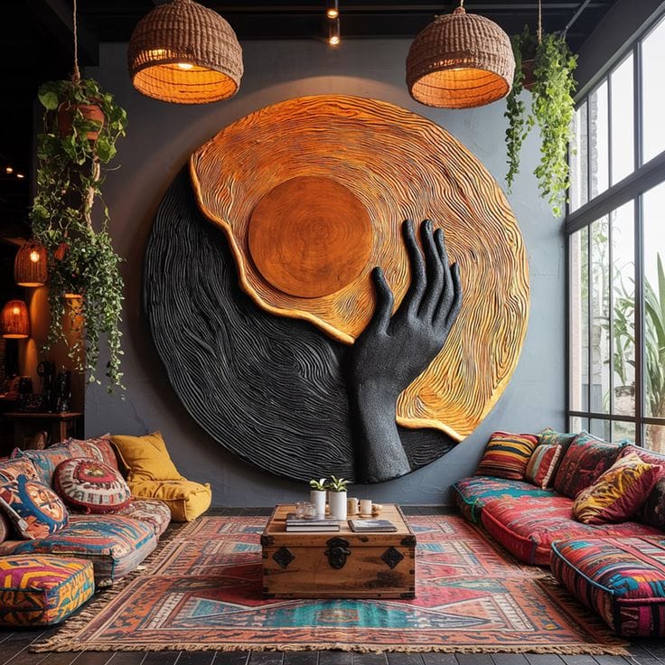 A large, circular 3D wood wall sculpture featuring a black hand reaching toward a central wooden sun disk against a backdrop of golden and black textured ripples. The room is a bohemian-style lounge with colorful floor cushions, patterned rugs, and hanging plants.