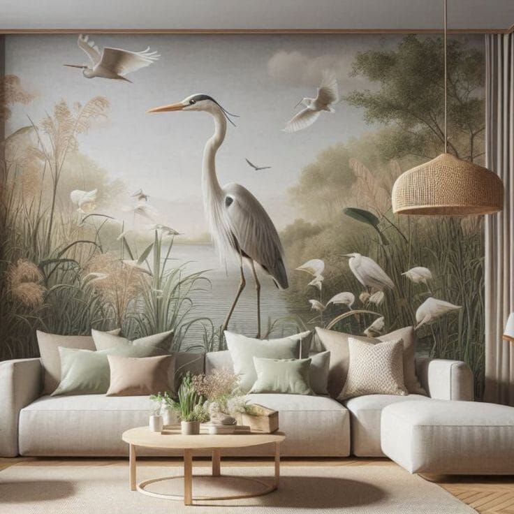 A soft, vintage-style nature mural covering a living room wall, featuring a large grey heron standing in a misty marsh surrounded by tall reeds and smaller white birds. The room is decorated with a light beige sectional sofa, a round wooden coffee table, and a light-colored wood herringbone floor, creating a calm, organic atmosphere.