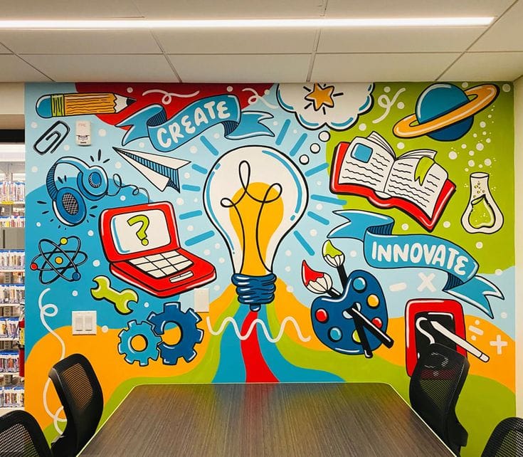 A bright, cartoon-style mural featuring a large lightbulb, a laptop, and a palette with the words "CREATE" and "INNOVATE".