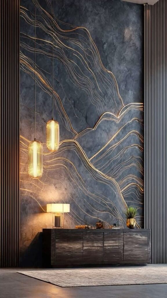 A sophisticated interior featuring a dark, textured stone wall with glowing gold LED lines that form the shape of abstract mountains. Two elegant gold pendant lights hang in front of the wall, reflecting off a dark wood sideboard below.