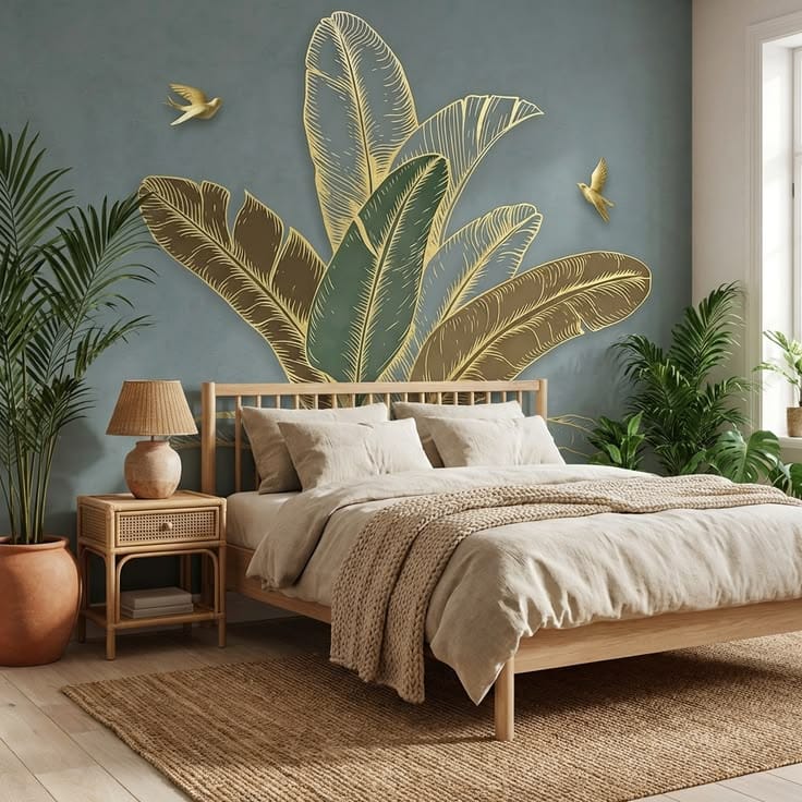 A serene bedroom with a light wood bed and a large wall mural featuring stylized green and gold banana leaves and small gold birds.