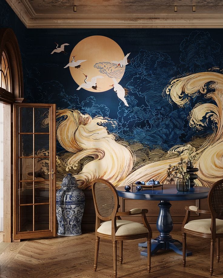 A luxurious dining area with a dramatic dark blue wall mural featuring a large golden moon and four white cranes in flight. Massive, swirling golden waves crash across the bottom half of the wall. The room is furnished with a blue round table, cane-back chairs, and a large blue and white porcelain ginger jar.