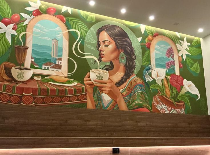 A lush, green botanical painting of a woman in profile holding a coffee cup, set against a mountain landscape.