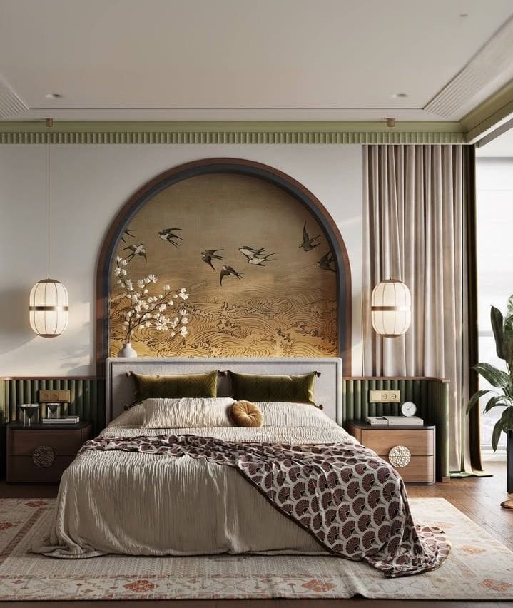 A serene bedroom with a light wood bed and a mural of oversized green and gold banana leaves on a blue-grey wall.
