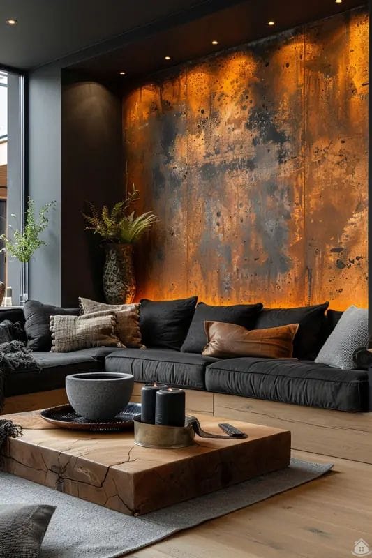 A moody, modern living room featuring a back-lit, oxidized copper accent wall behind a low black sectional sofa. A large natural wood slab coffee table sits in the foreground with candles and a bowl, illuminated by warm overhead spotlights.