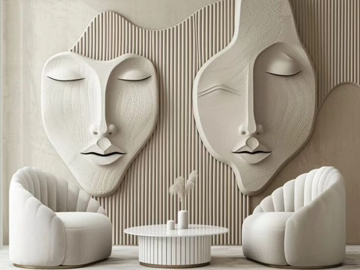 A contemporary lounge area featuring two large, cream-colored abstract face sculptures in high relief against a vertically slatted wall. Two matching scalloped armchairs face a small, fluted white coffee table on a plush neutral rug.