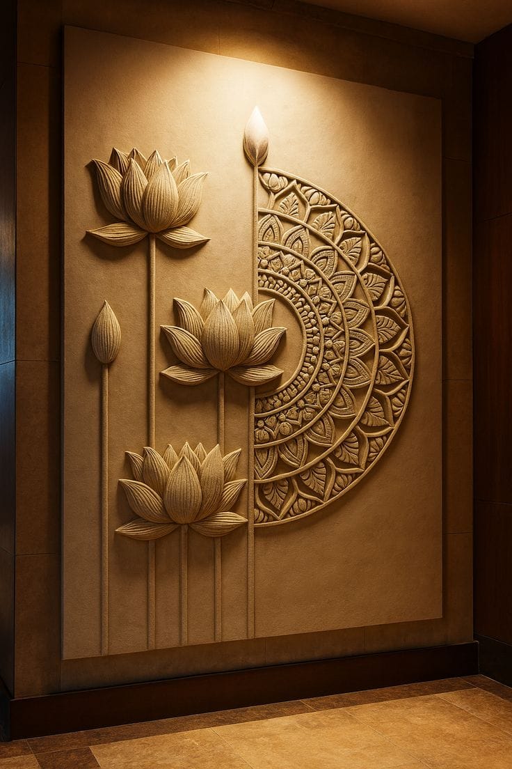 3D relief mural featuring lotus flowers and half mandala design in a modern living room wall panel