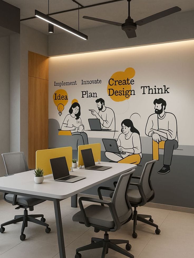 A modern office interior featuring a wall mural with minimalist line drawings of four people working on laptops and brainstorming. The mural includes yellow circular accents and motivational words such as "Idea," "Plan," "Design," and "Think". In the foreground is a white conference table with grey chairs and yellow privacy dividers.