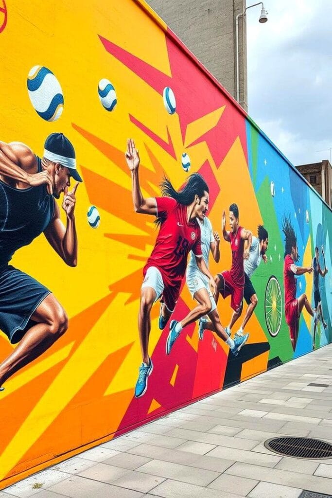 A perspective shot of a long outdoor wall featuring a colorful mural of soccer players in dynamic poses. The background consists of sharp, explosive shapes in yellow, orange, and red, transitioning into blue and green. Small soccer balls are scattered throughout the composition.