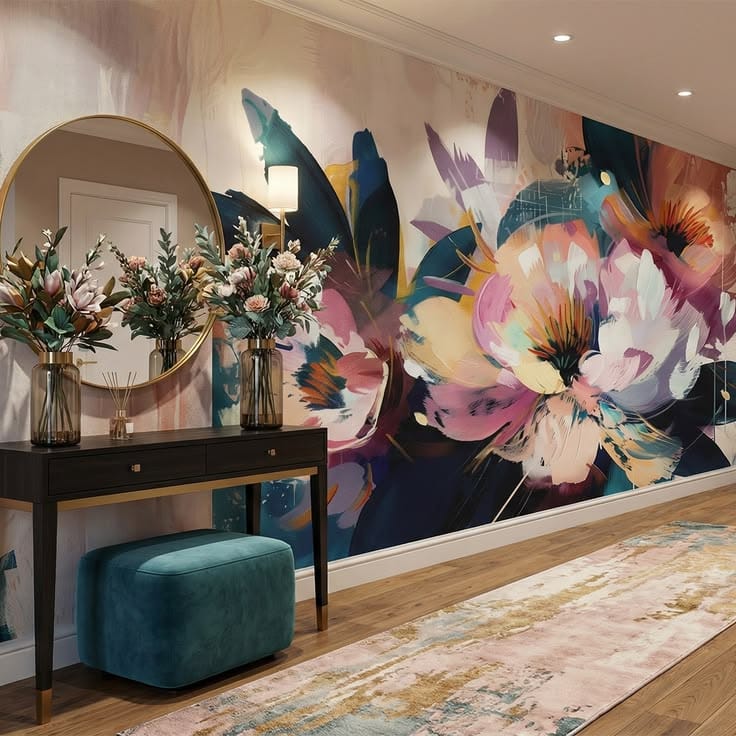 Colorful abstract floral wall mural with large artistic flowers behind a console table and round mirror in a modern interior hallway.