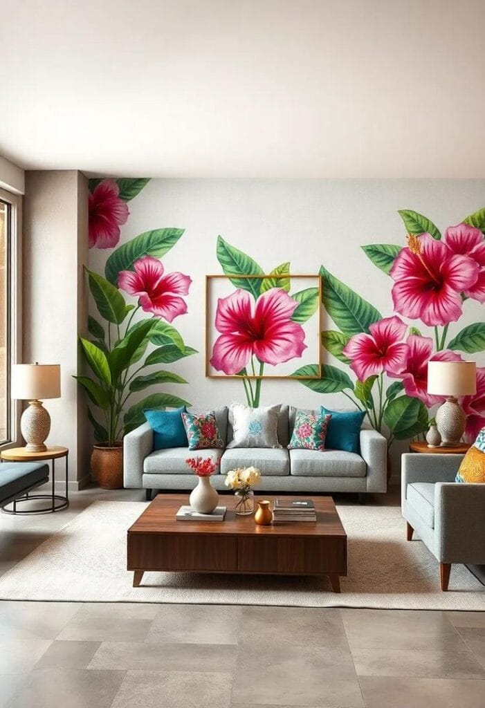 large floral living room wall mural ideas for small spaces with hibiscus flowers and green leaves