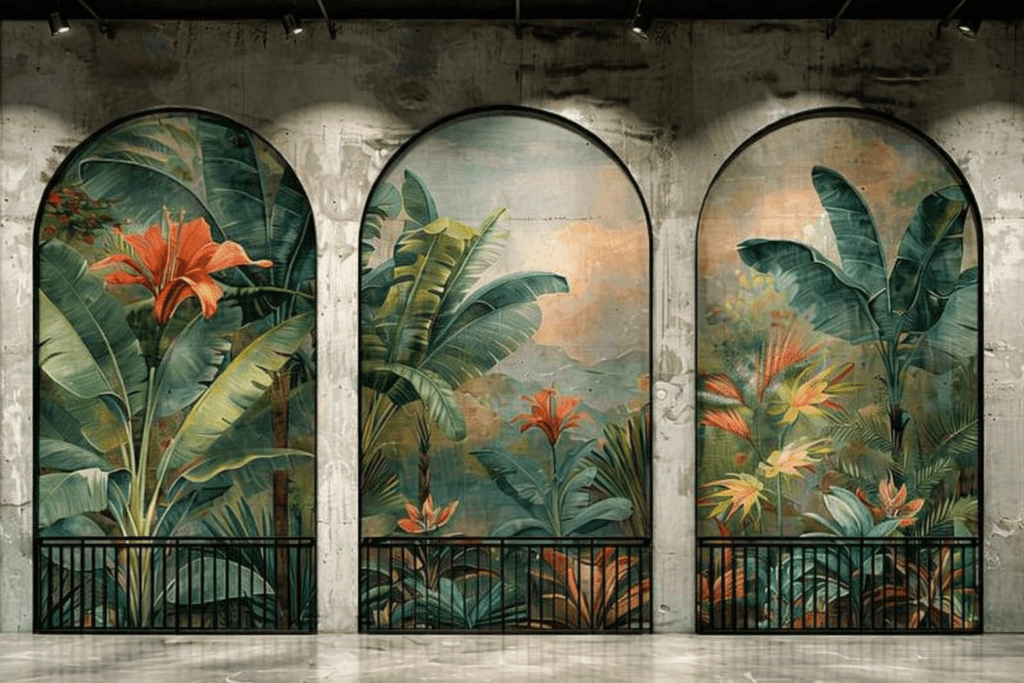 Three large arched frames on a raw concrete wall showcasing a lush tropical landscape with large green leaves and vibrant orange lilies.