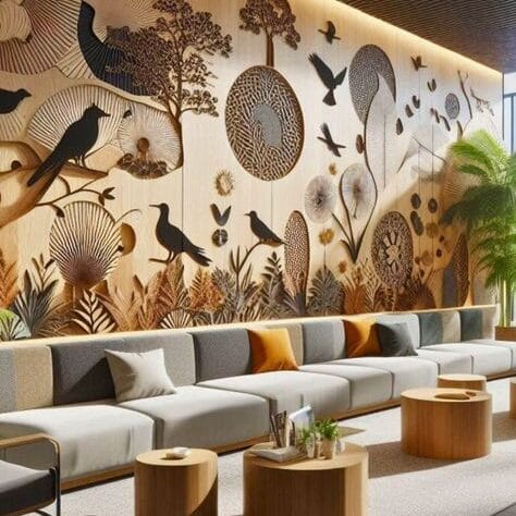A long, modern lobby with a light wood wall mural featuring layered cutouts of birds, trees, and sun-like circular patterns above a gray sectional sofa.
