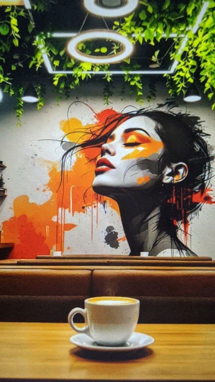 A sophisticated stencil-style mural of a woman’s face tilted upward. The art uses high-contrast monochrome for the skin and hair, with bold, "splattered" orange paint over the eyes and in the background.
