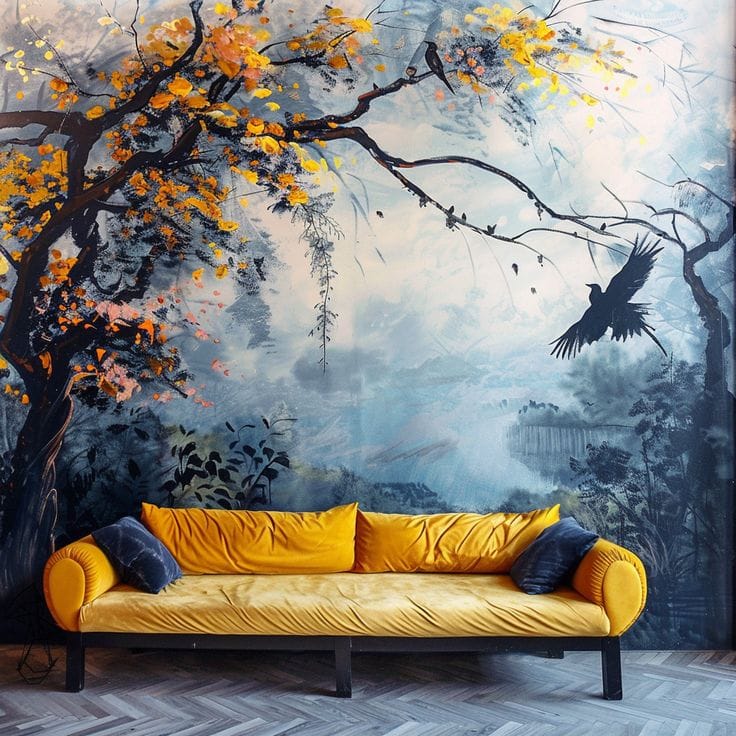 Luxury nature wall mural artwork behind sofa, custom mural painting design idea to paint a masterpiece on your wall