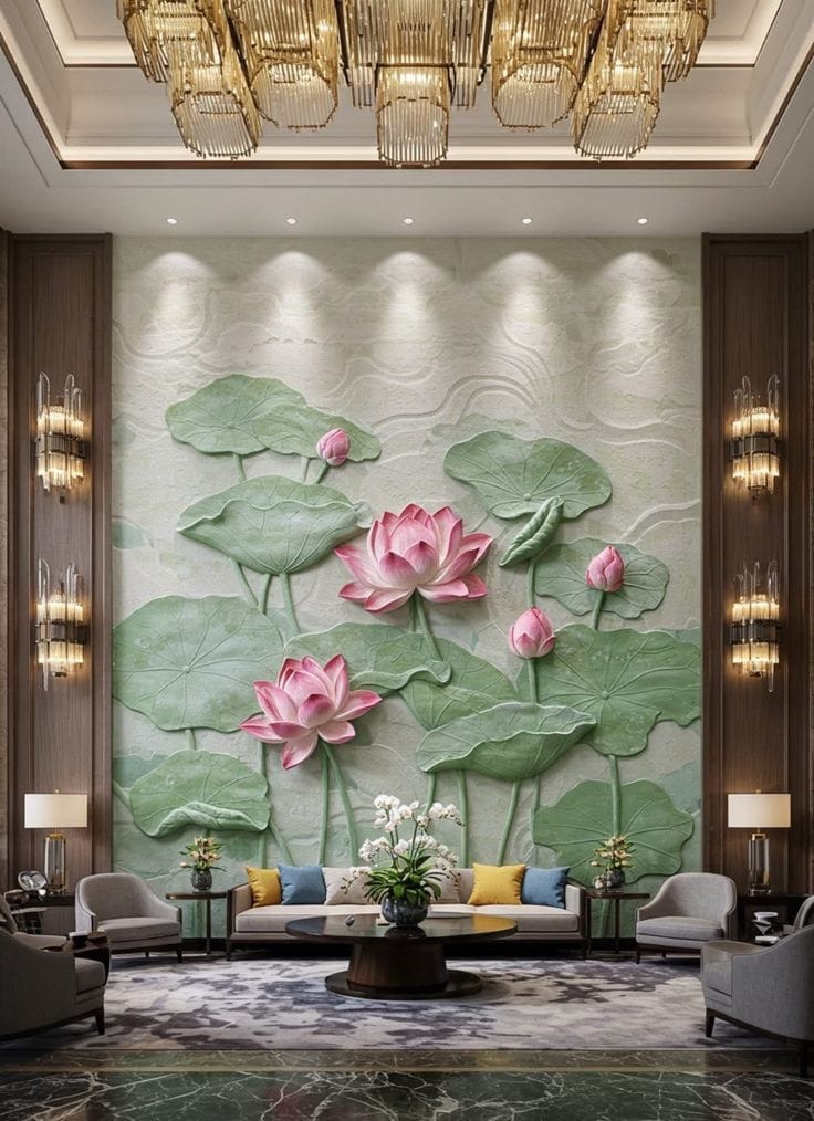 A luxury living room featuring a massive 3D bas-relief wall art of pink lotus flowers and large green lily pads.