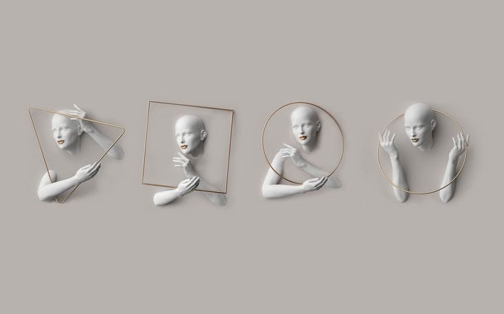 A contemporary 3D wall mural artwork showing sculptural female figures emerging from geometric shapes such as triangles, squares, and circles. The minimalist design creates depth and visual interest, making it suitable for modern interior spaces, luxury homes, and artistic wall décor concepts.