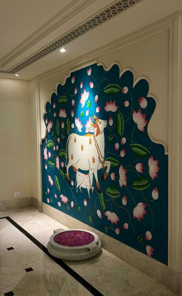 Traditional lotus mural painting for home interior, custom wall art idea to paint a masterpiece on your wall