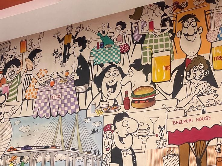 Hand-painted restaurant wall mural with cartoon-style dining scenes, food illustrations, and lively café atmosphere artwork