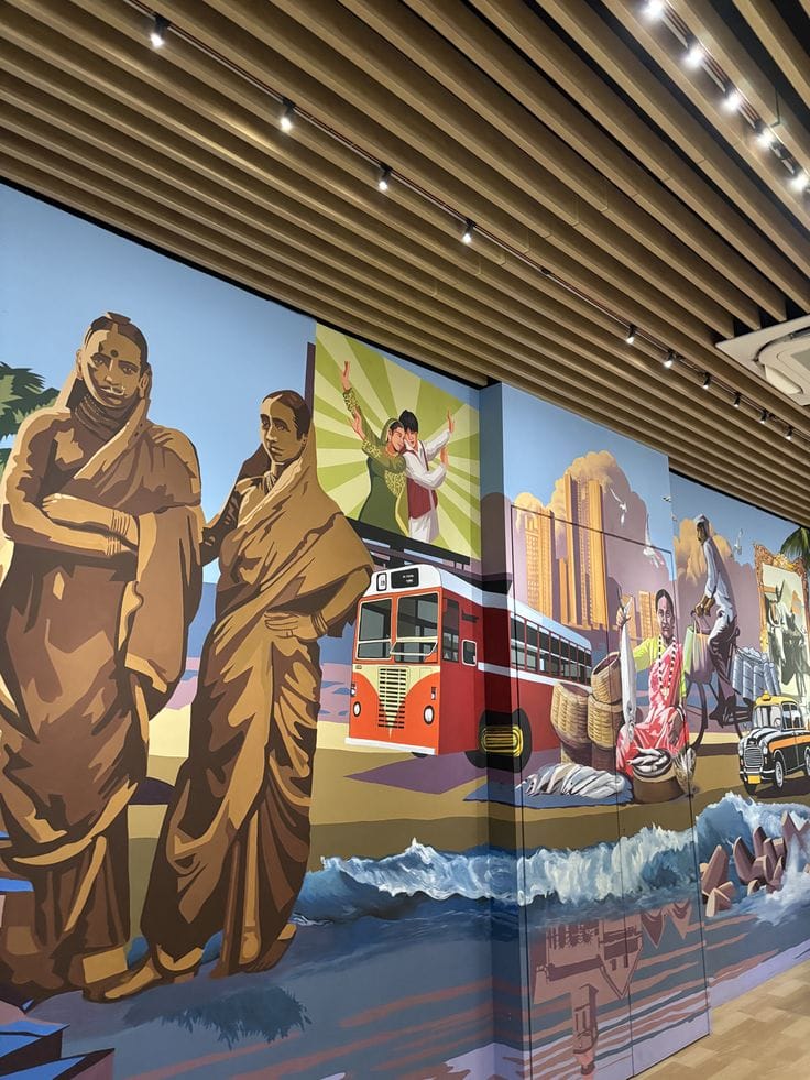 A long, colorful wall mural depicting various icons of Mumbai, including a BEST bus, a fishmonger, women in traditional attire, and a black-and-yellow taxi.