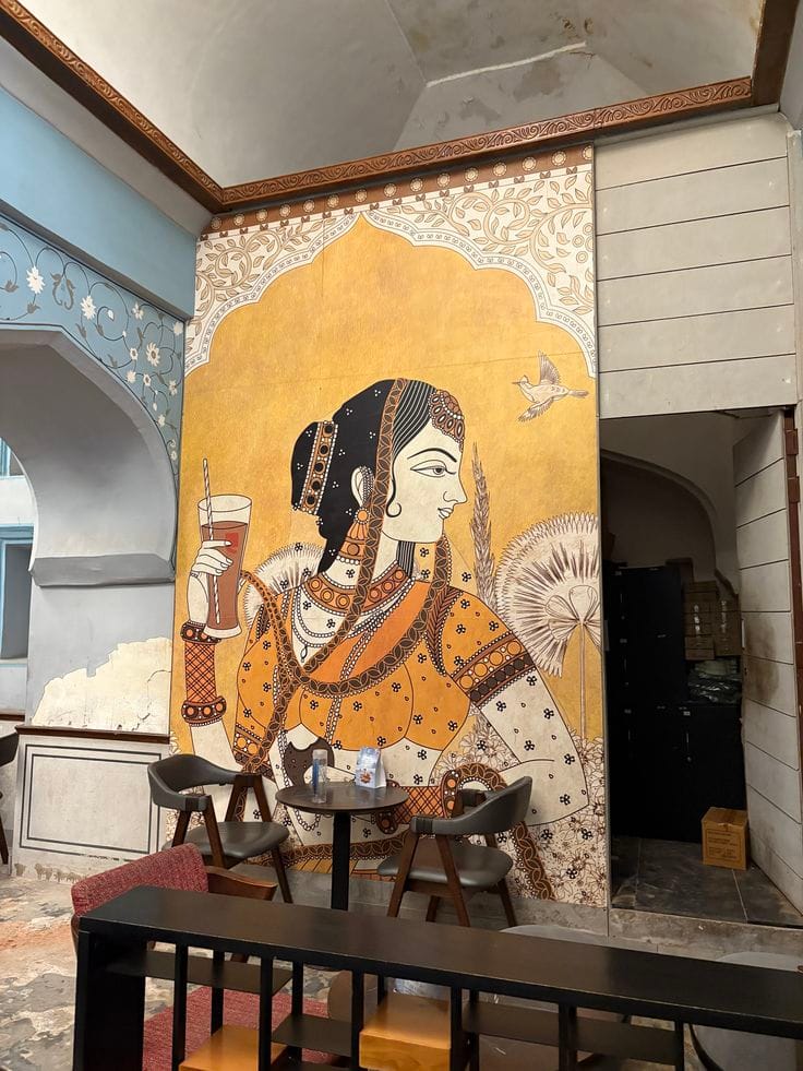 A tall wall mural in an indoor cafe depicting a woman in traditional Indian Rajasthani attire holding a glass, painted in gold and earth tones.