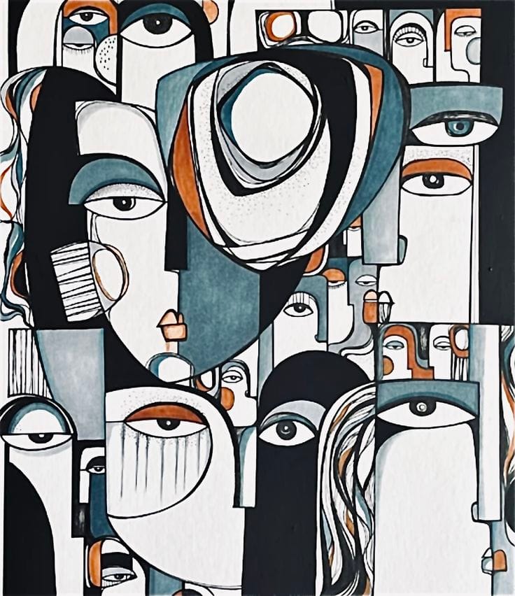 A sophisticated abstract painting featuring overlapping stylized faces and eyes in a palette of black, white, charcoal grey, and copper accents.